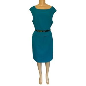 Calvin Klein Fitted Sleeveless Split Back Peplum Belted Teal Blue Work Dress